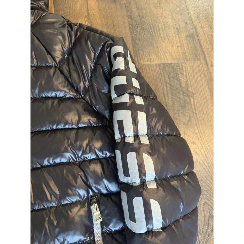 Guess Puffer Jacket Hooded Men's Large Black Red Interior New NWOT